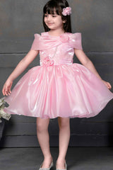 Designer Pink Satin Sequin And Floral Embellished Frock For Girls