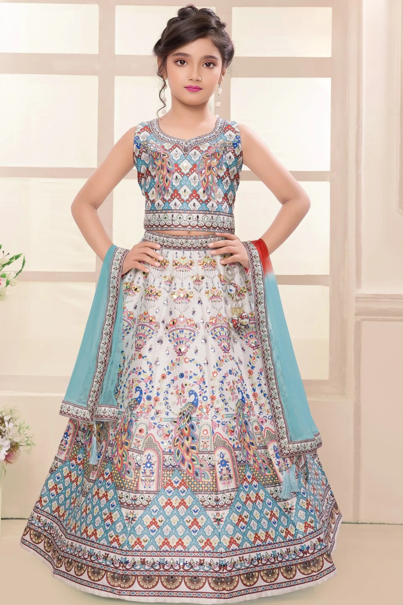 Ivory Multicolor Peacock Printed Lehenga Choli Set For Girls
