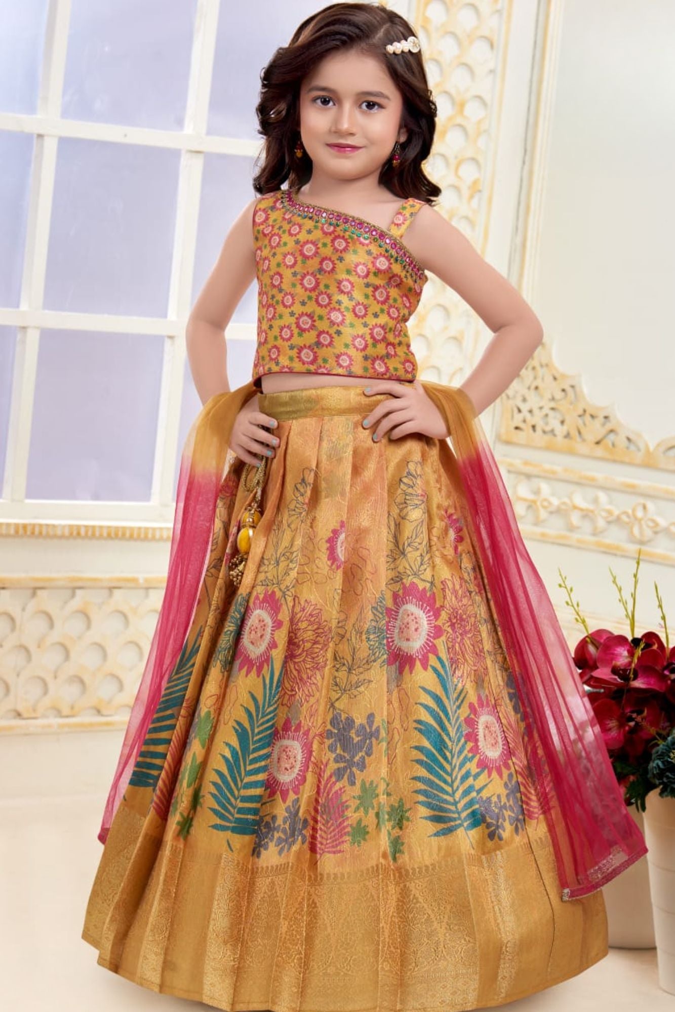 Golden Yellow With Multicolor Floral Motif Lehenga Choli Set for Girls