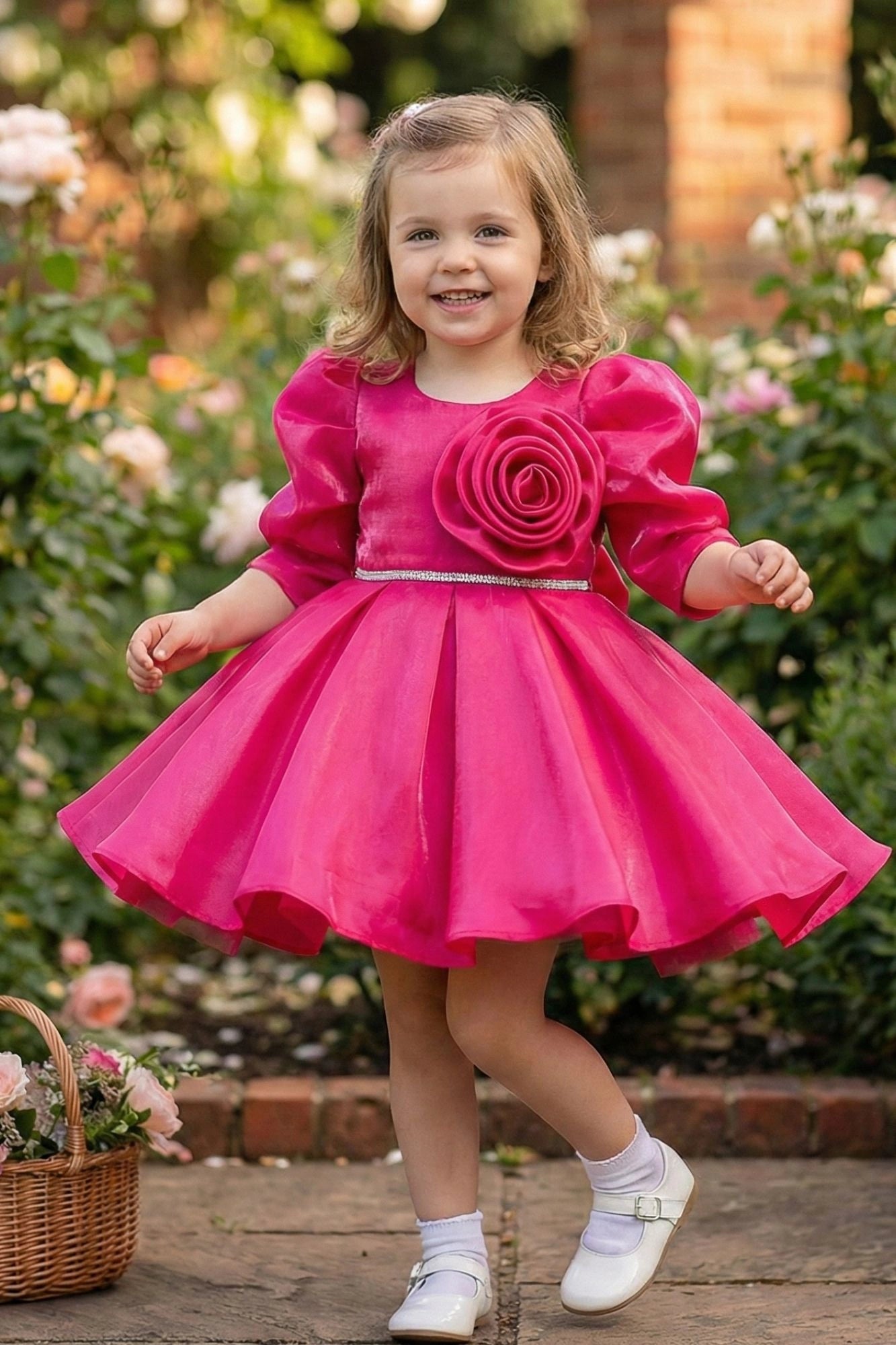 Pink Party Wear Frock with Puffy Sleeves & Statement Rose Appliqué For Girls