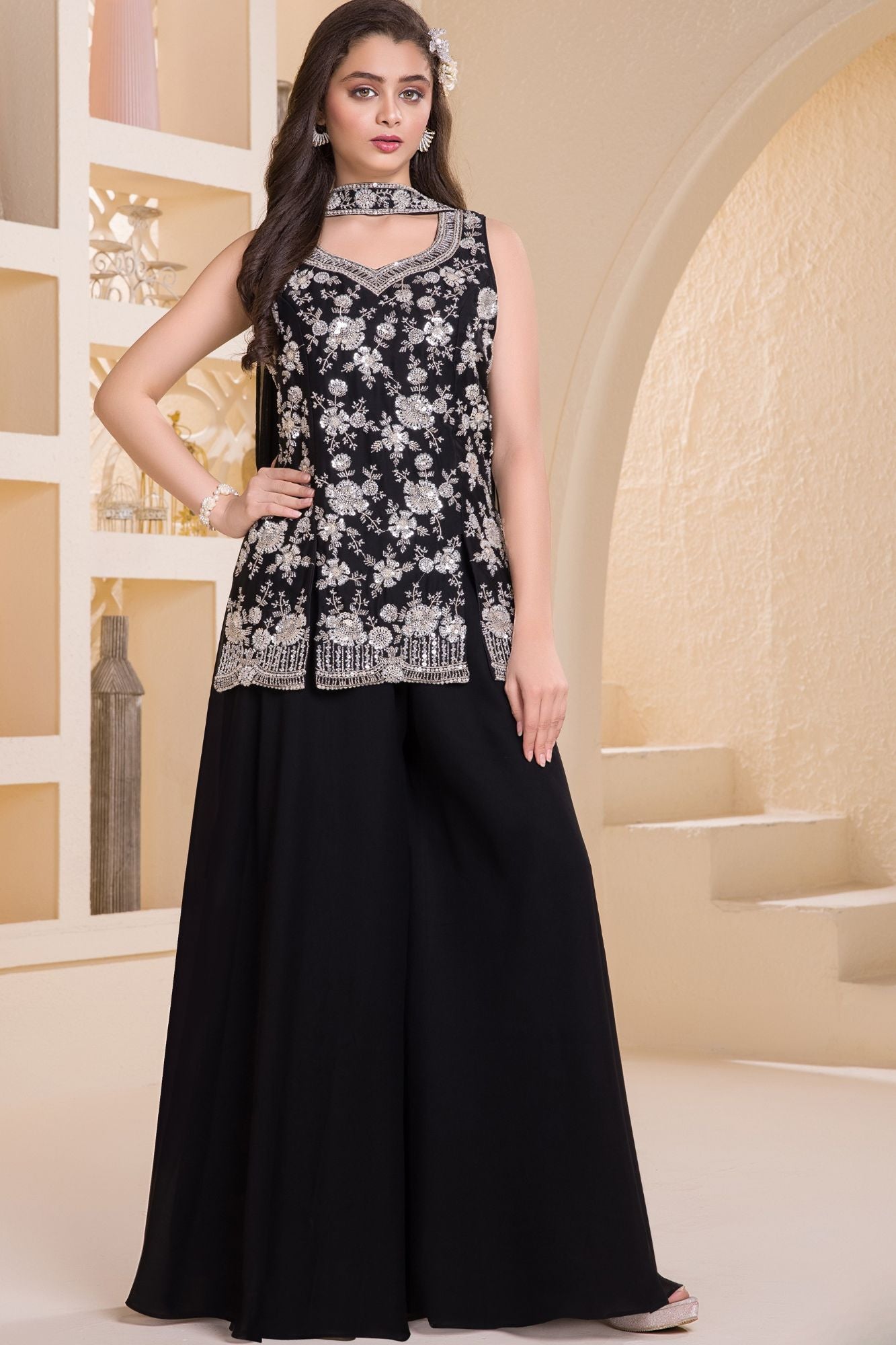 Black Silver Embroidered Georgette Palazzo Set For Girls