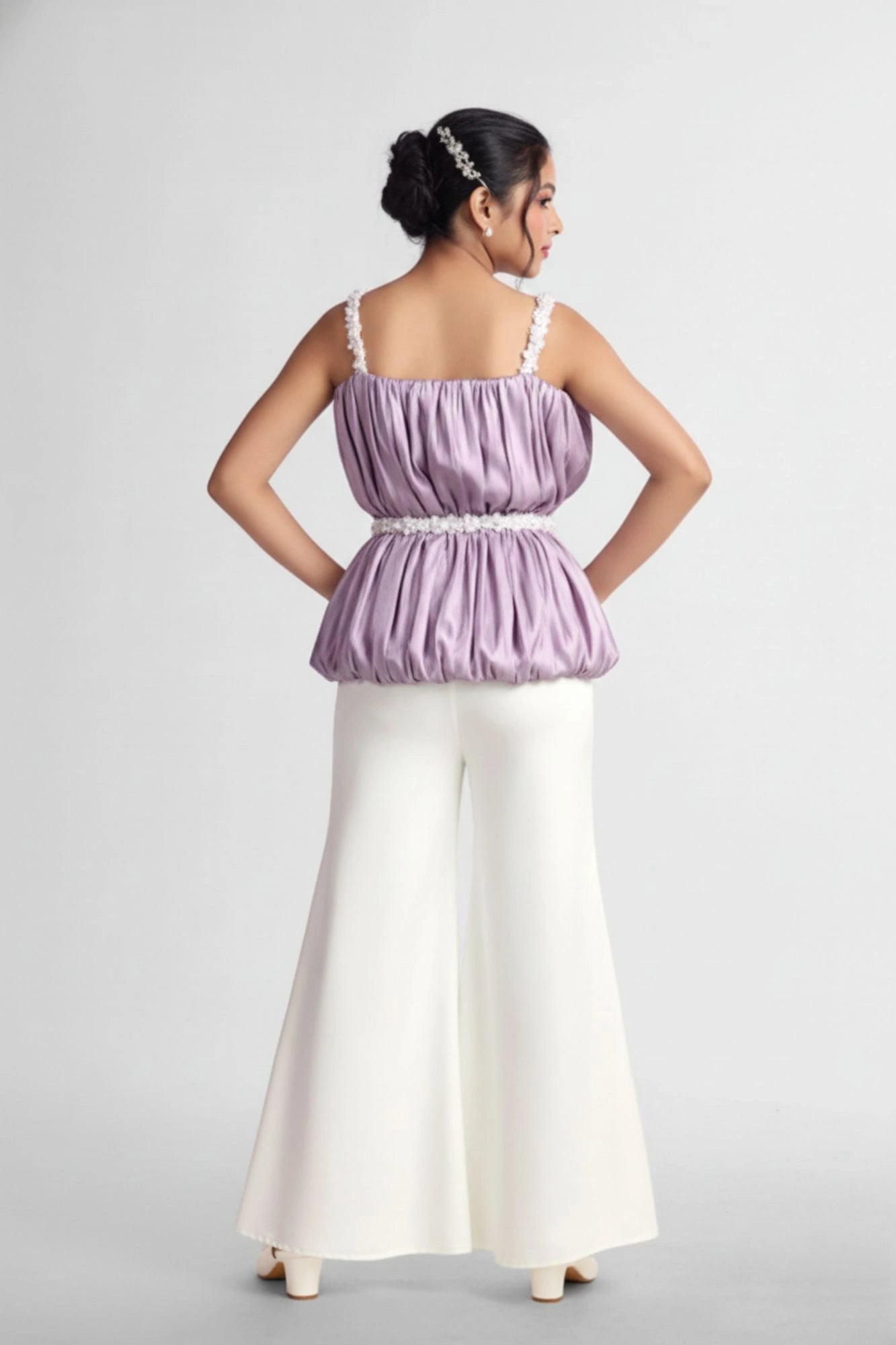 Lavender Ruched Top with White Flared Pants For Girls