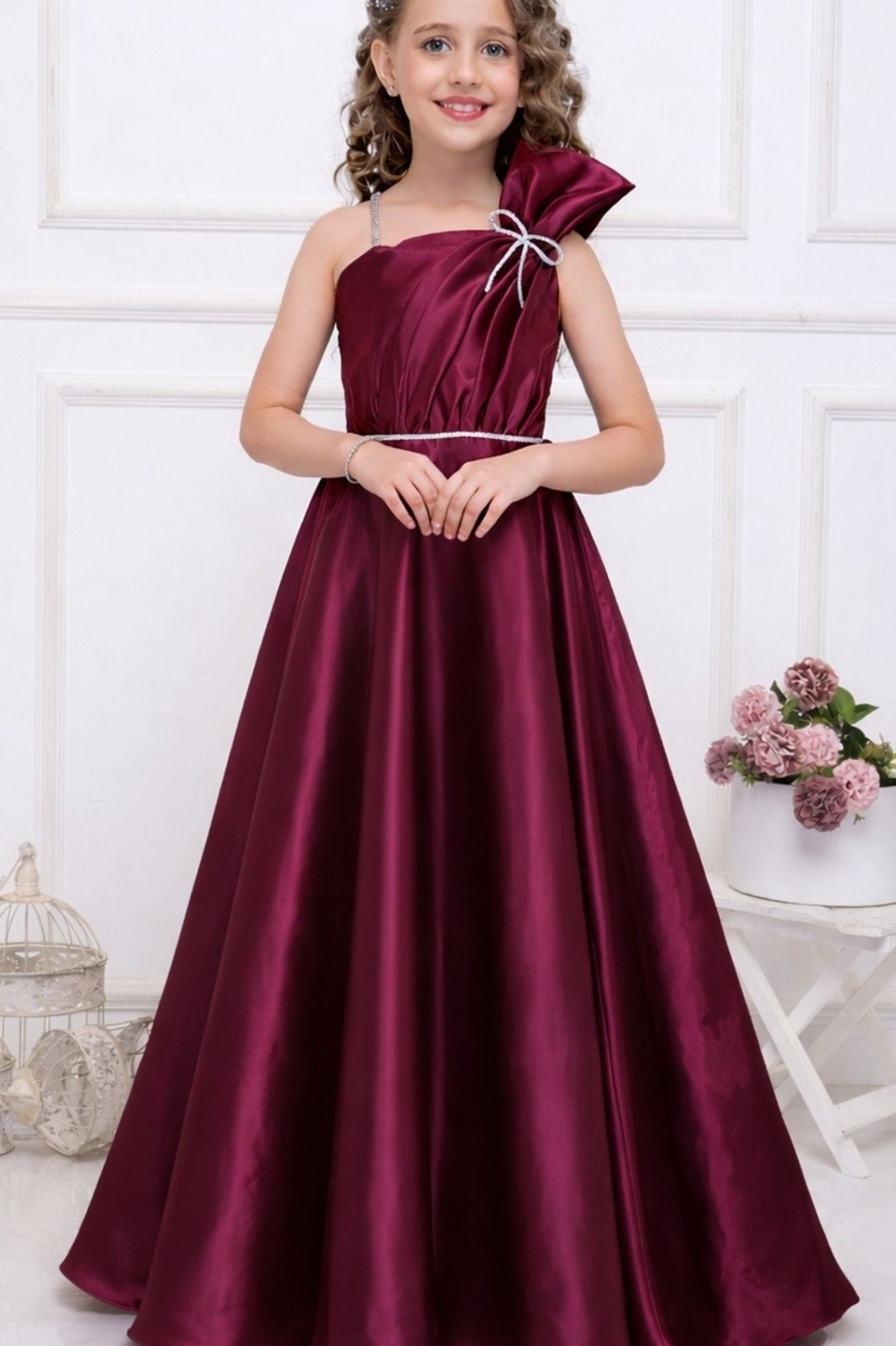 Wine One-Shoulder Embellished Party Gown For Girls