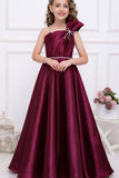 Wine One-Shoulder Embellished Party Gown For Girls
