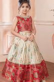 Cream And Rani Pink Print And Traditional Patchwork Lehenga Choli For Girls