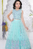 Sea Green Embroidered Lehenga Choli with Sequin Detailing For Girls