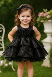 Black Floral Appliqué Tiered Frock For Girls