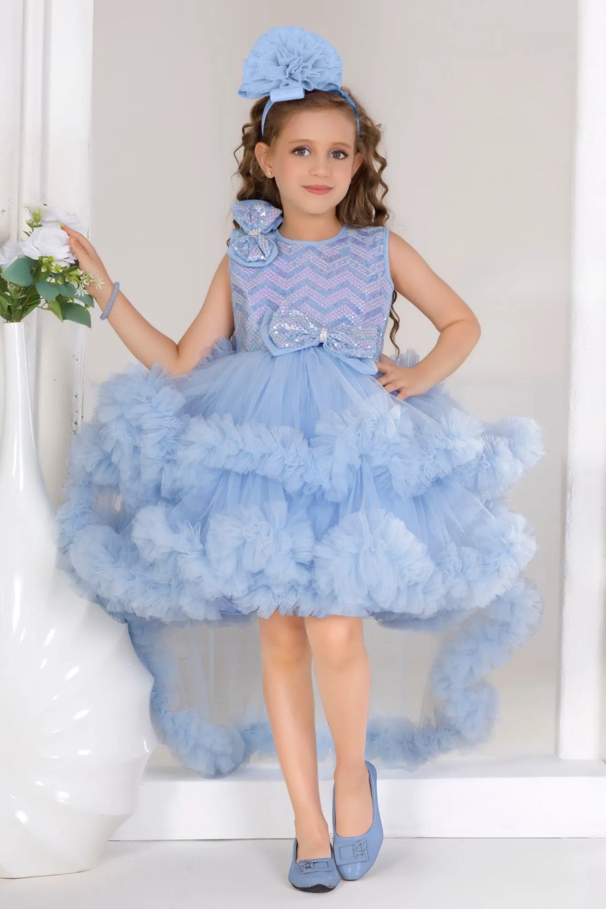 Blue Ruffle Party Gown With Sequin Bows And High-Low Hem For Girls