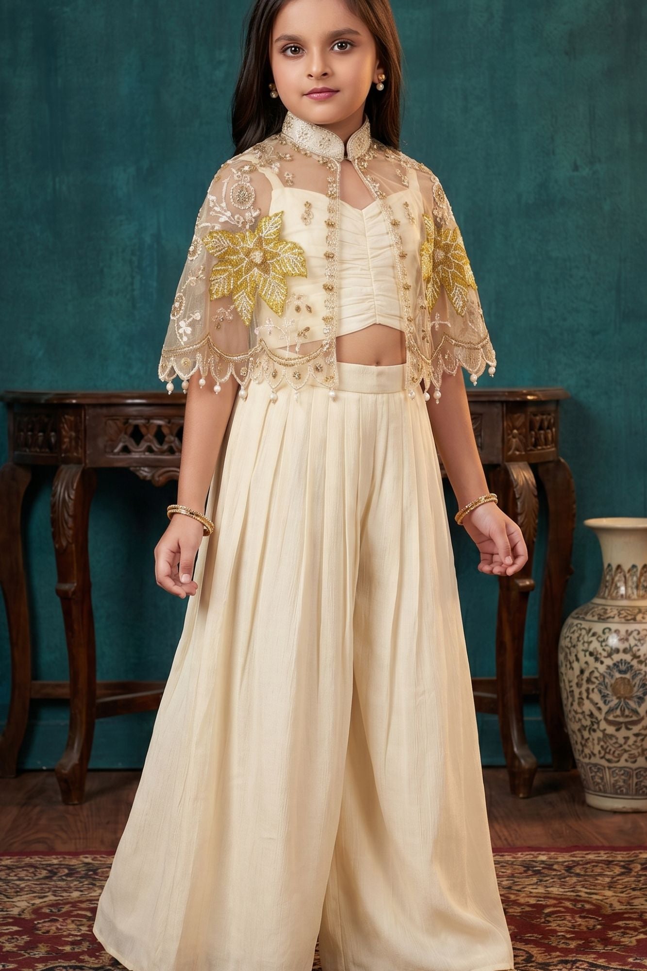 Cream Embroidered Cape Style Palazzo Set For Girls With Designer Jacket
