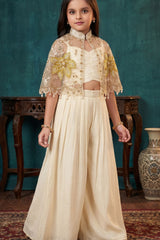 Cream Embroidered Cape Style Palazzo Set For Girls With Designer Jacket