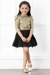 Golden Top And Sequined Skirt With Puffed Sleeves Set For Girls