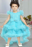 Blue Sequin Tailback Frock With Bow Embellished For Girls
