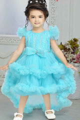 Blue Sequin Tailback Frock With Bow Embellished For Girls