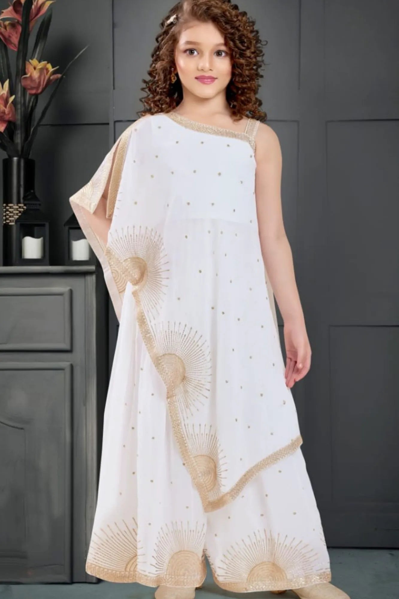Designer Cream Embellished One-Shoulder Palazzo Set For Girls