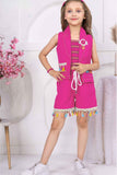 Bright Pink Overcoat With Top And Tassel Work Shorts Set For Girls