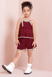 Girls Maroon Sleeveless Shorts Set with Lace Detailing