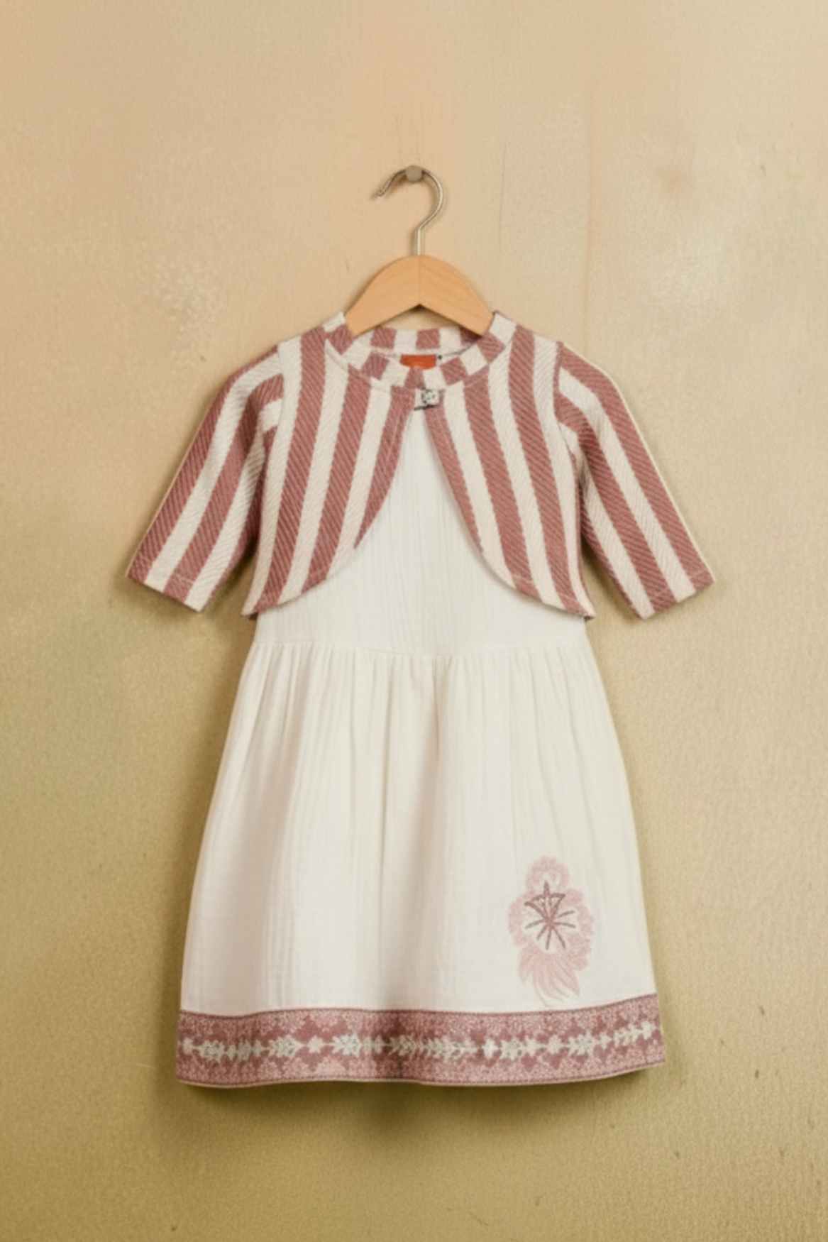 Casual Cream Dress & Dusty Pink Striped Jacket for Girls