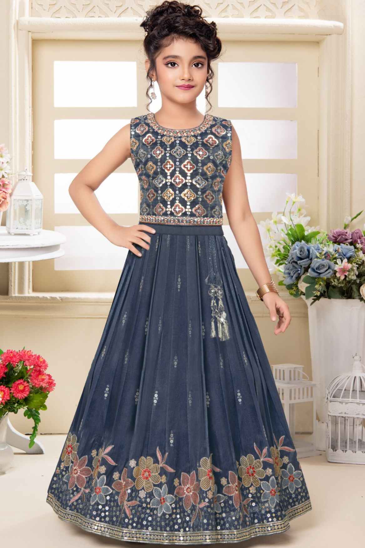Navy Blue Floral Embellished Lehenga Choli Set with Dupatta