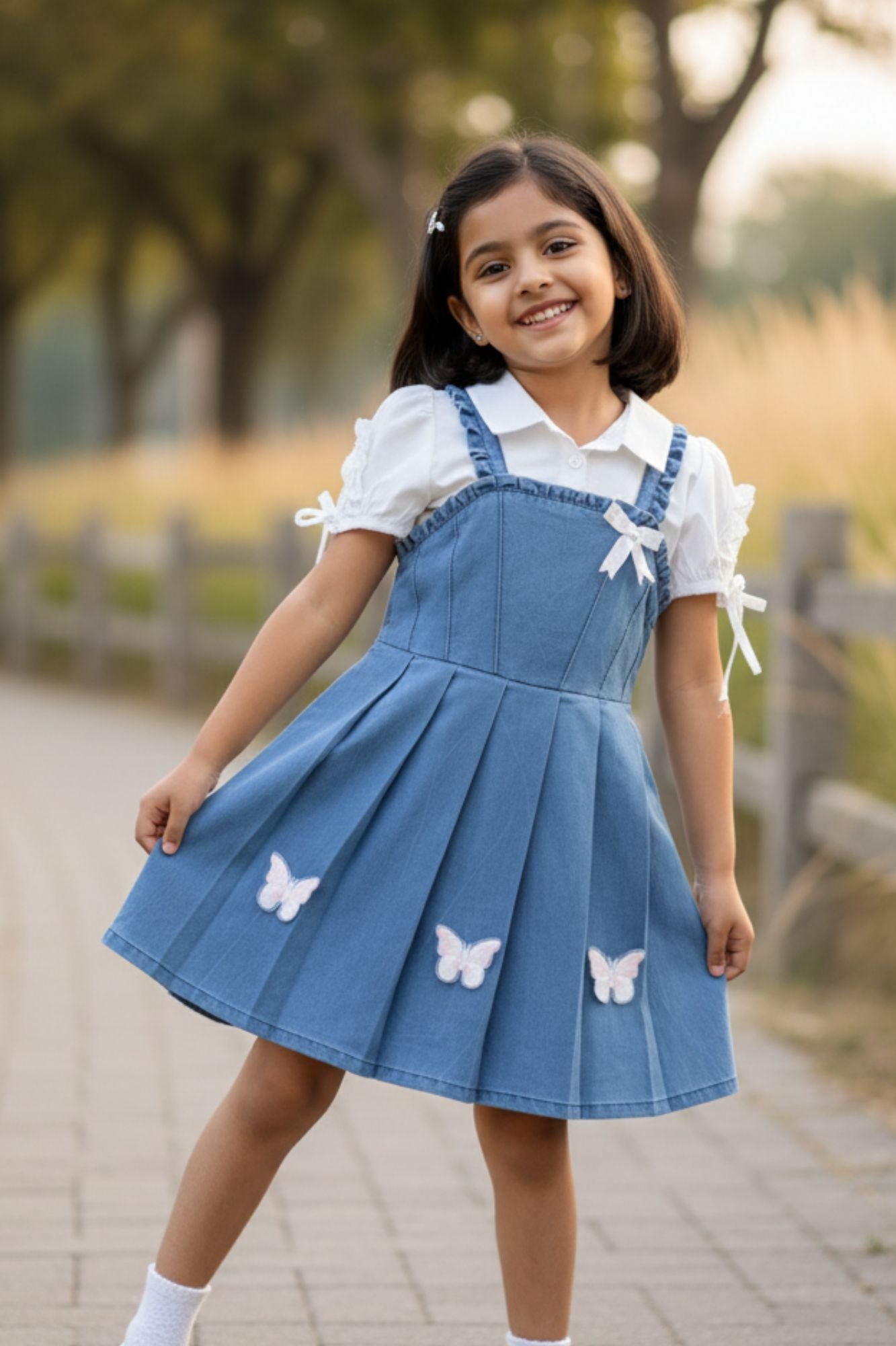 Denim Pinafore Dress with White Shirt & Butterfly Appliqué For Girls