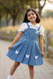 Denim Pinafore Dress with White Shirt & Butterfly Appliqué For Girls