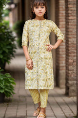 Mustard Printed And Stone Work Kurta With Pant Set For Girls