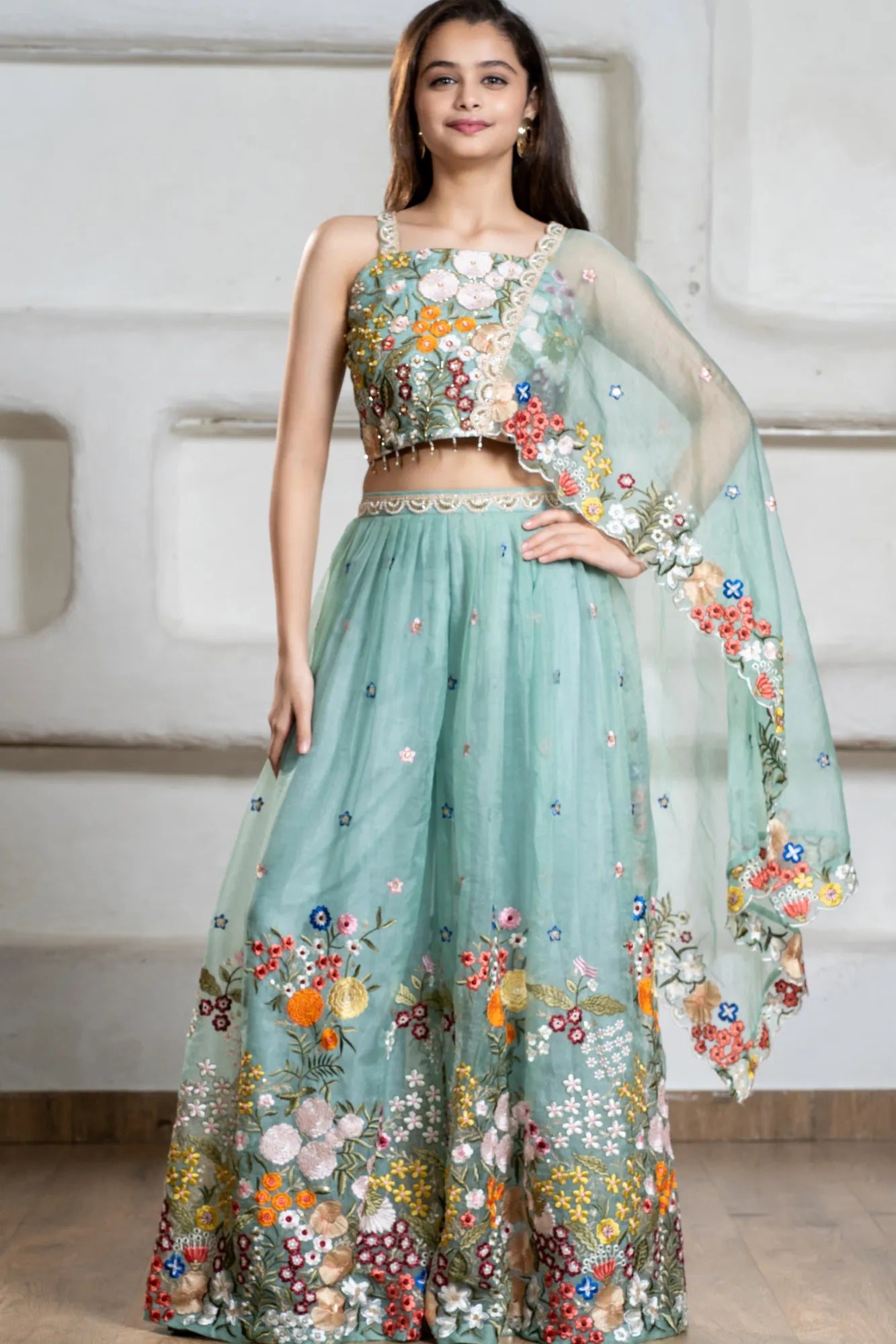Elegant Sky Blue Embroidered Palazzo Set with Dupatta For Girls