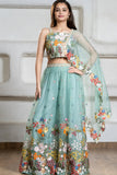 Elegant Sky Blue Embroidered Palazzo Set with Dupatta For Girls