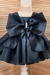 Black Bow Embellished With Pearls Work Frock For Girls