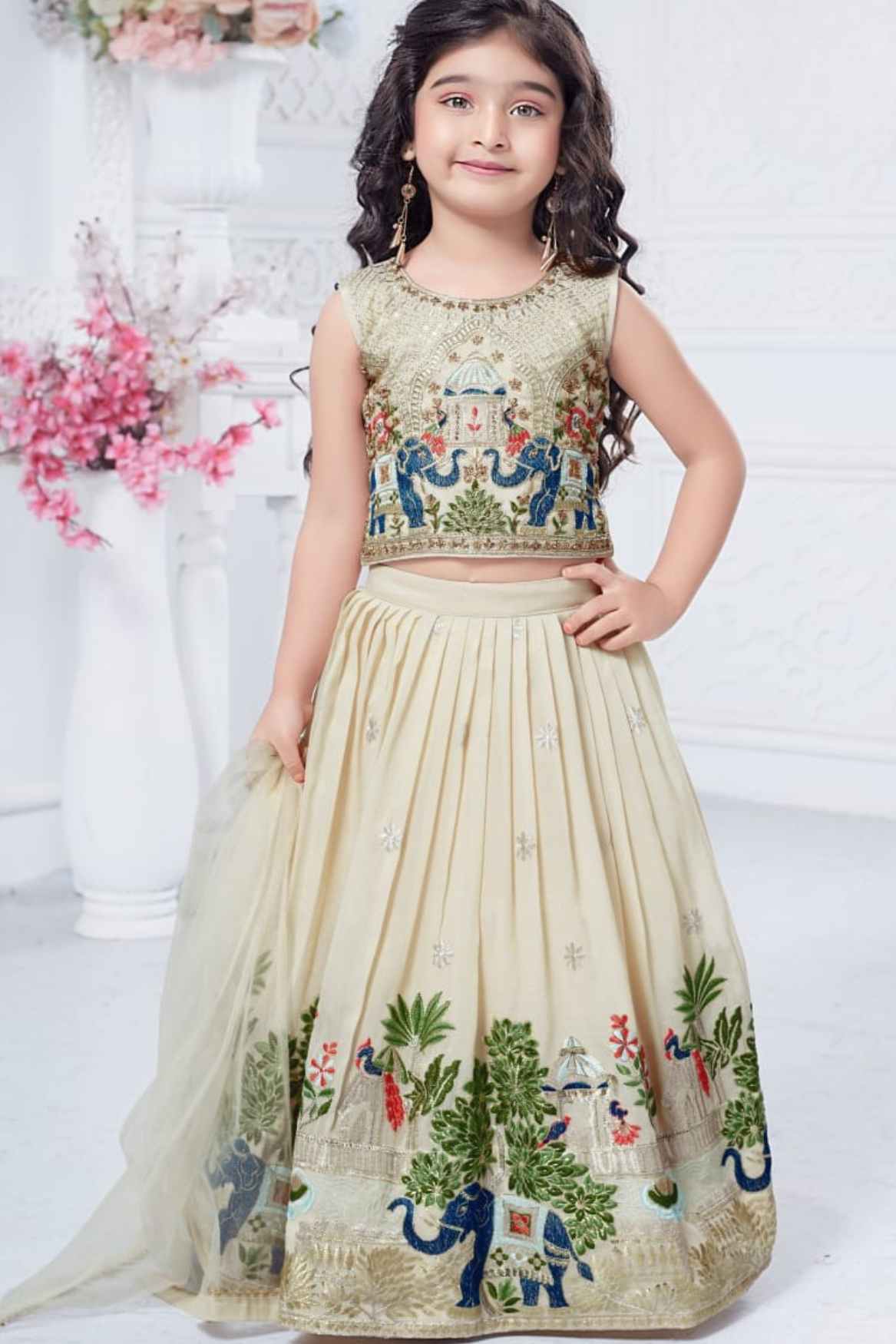 Cream Thread Embroidered Lehenga Choli Set For Girls