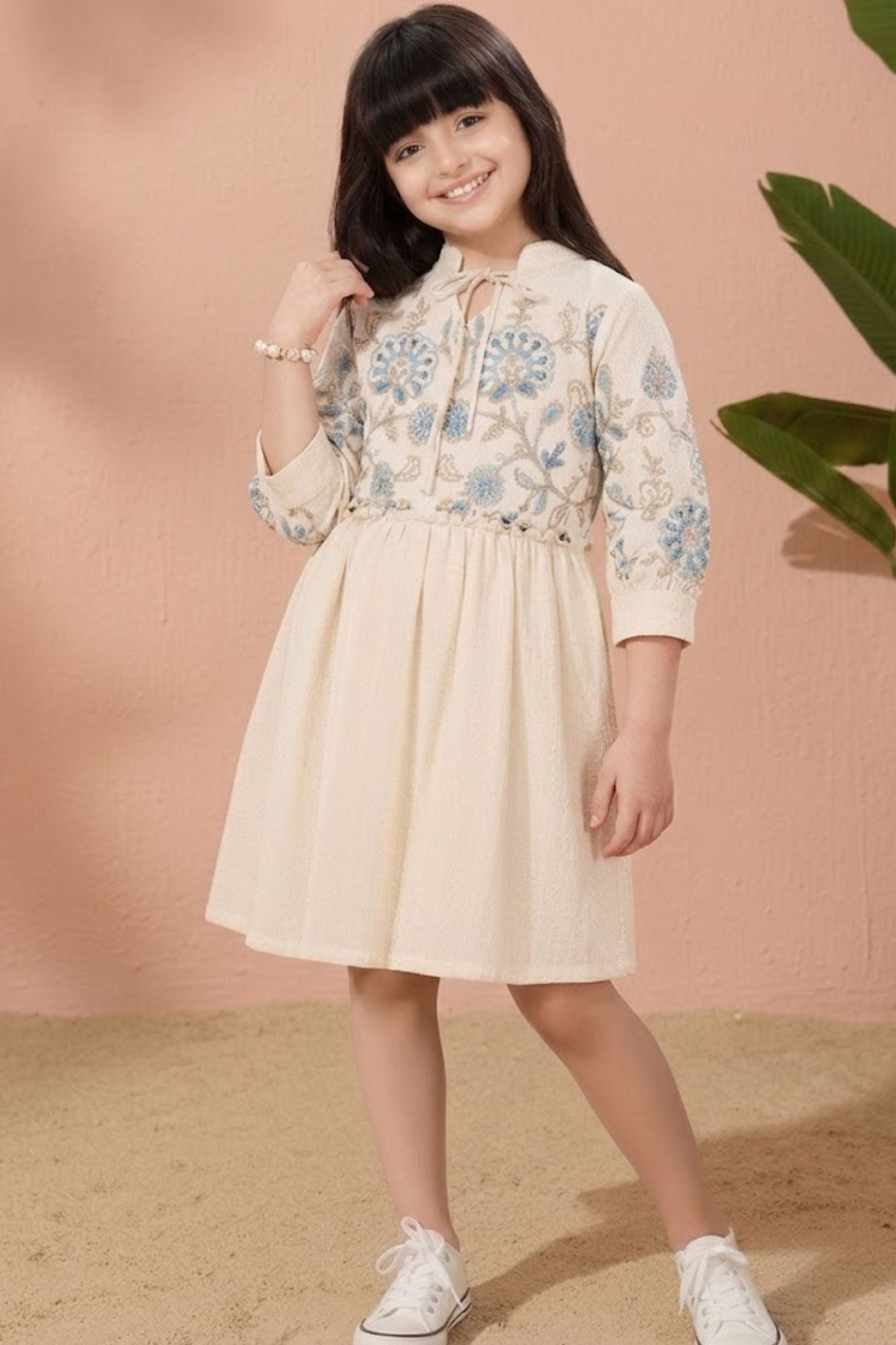 Beige Floral Embroidered Midi Dress For Girls