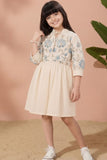 Beige Floral Embroidered Midi Dress For Girls