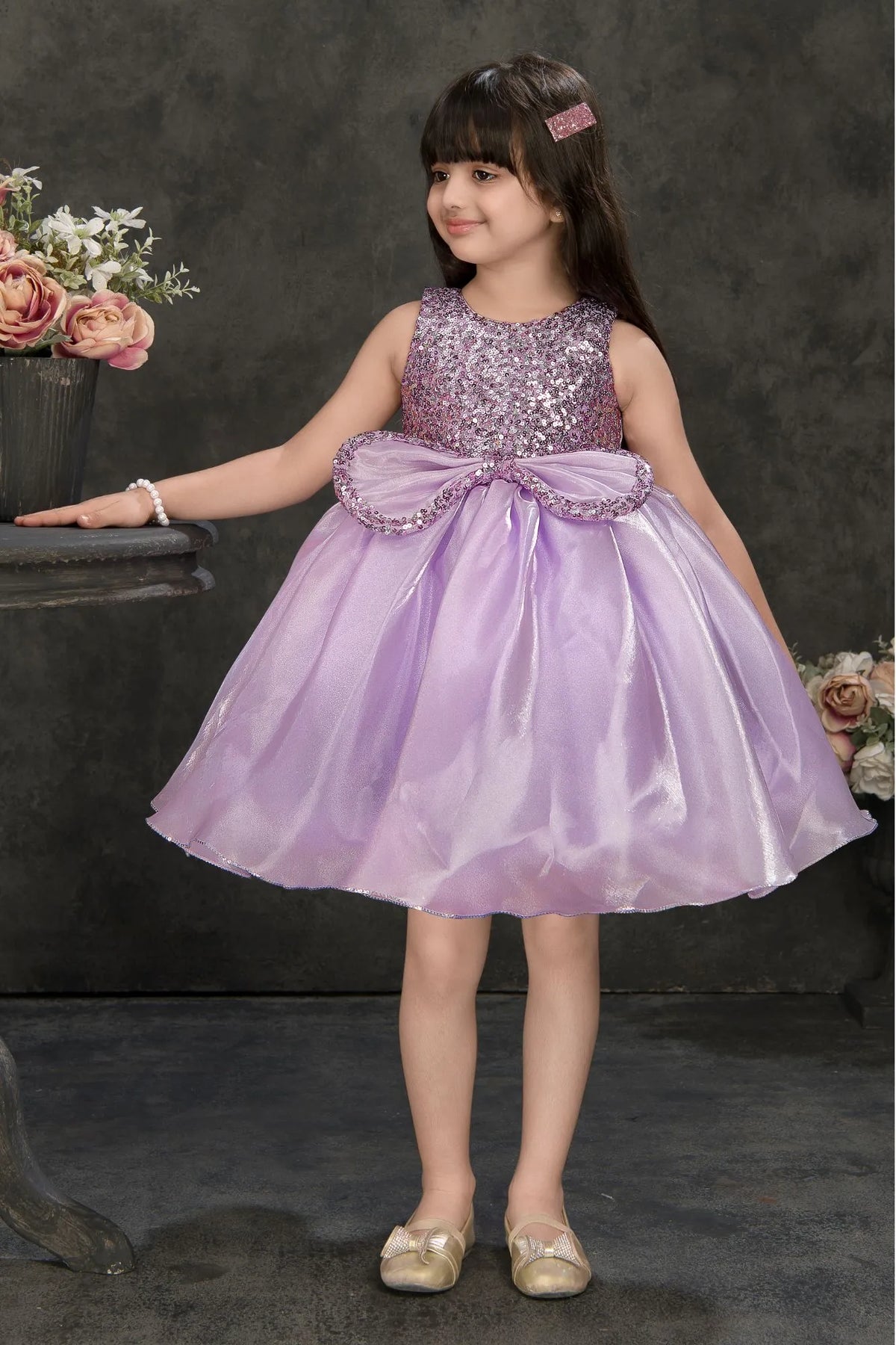 Lavender Sparkle Embellished Party Frock For Girls