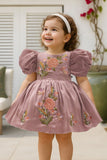 Mauve Puff Sleeve Embroidered Party Frock For Girls