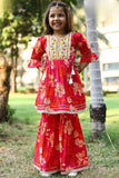 Red Floral Printed Sharara Set with Embroidered Yoke and Tassel Tie-Ups For Girls