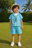 Boys Blue Shorts Set with Printed Shirt And Graphic T-Shirt