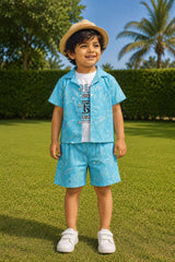 Boys Blue Shorts Set with Printed Shirt And Graphic T-Shirt