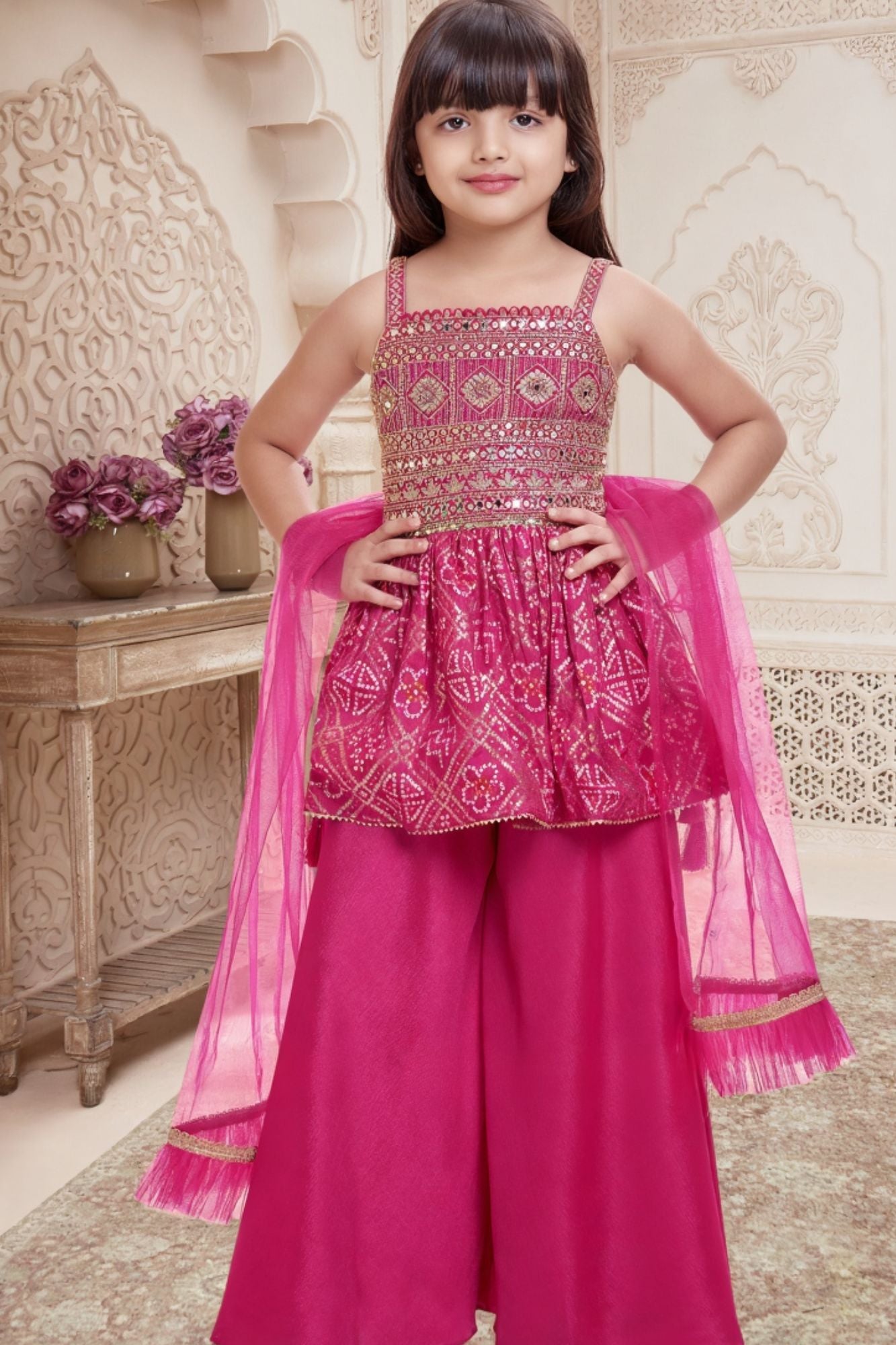 Pink Embroidered Peplum Top Palazzo Set for Girls