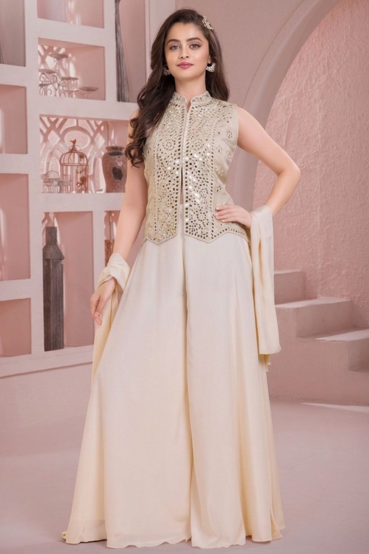 Cream Mirror Embellished Palazzo Set With Dupatta