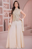 Cream Mirror Embellished Palazzo Set With Dupatta