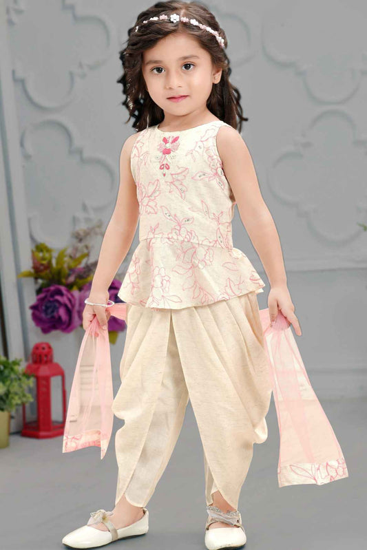 Cream Sequin And Embroidered Dhoti Set For Girls