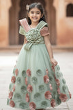 Dreamy Pastel Green & Dusty Pink 3D Floral Embellished Party Gown For Girls