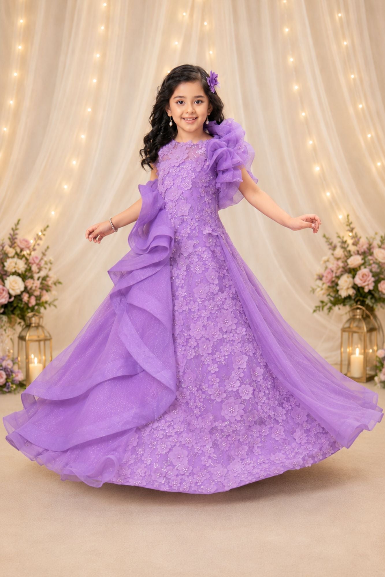 Lavender Floral Embellished Layered Party Wear Ball Gown