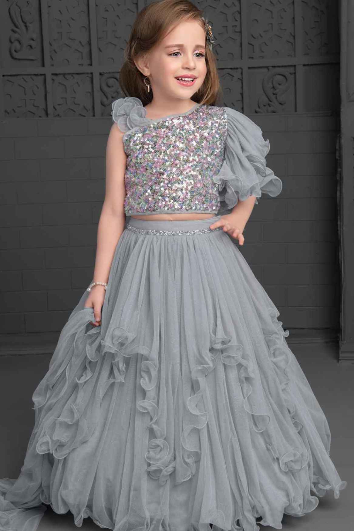 Grey Sequin Ghagra-Choli Set With Asymmetric Ruffled Sleeves For Girls
