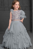 Grey Sequin Ghagra-Choli Set With Asymmetric Ruffled Sleeves For Girls