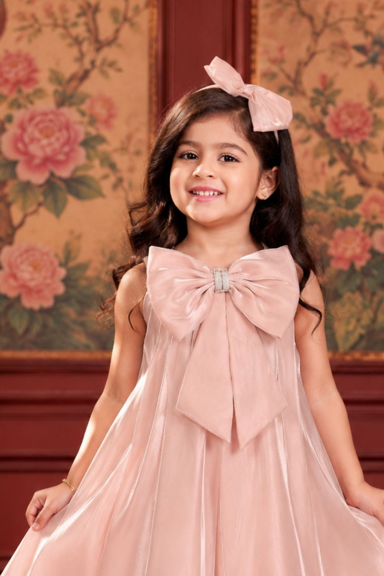 Peach 3D Bow Embellished Party Wear Frock For Girls