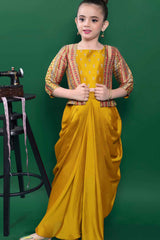 Mustard Sequin Top And Dhoti Bottom Set With Brocade Overcoat For Girls