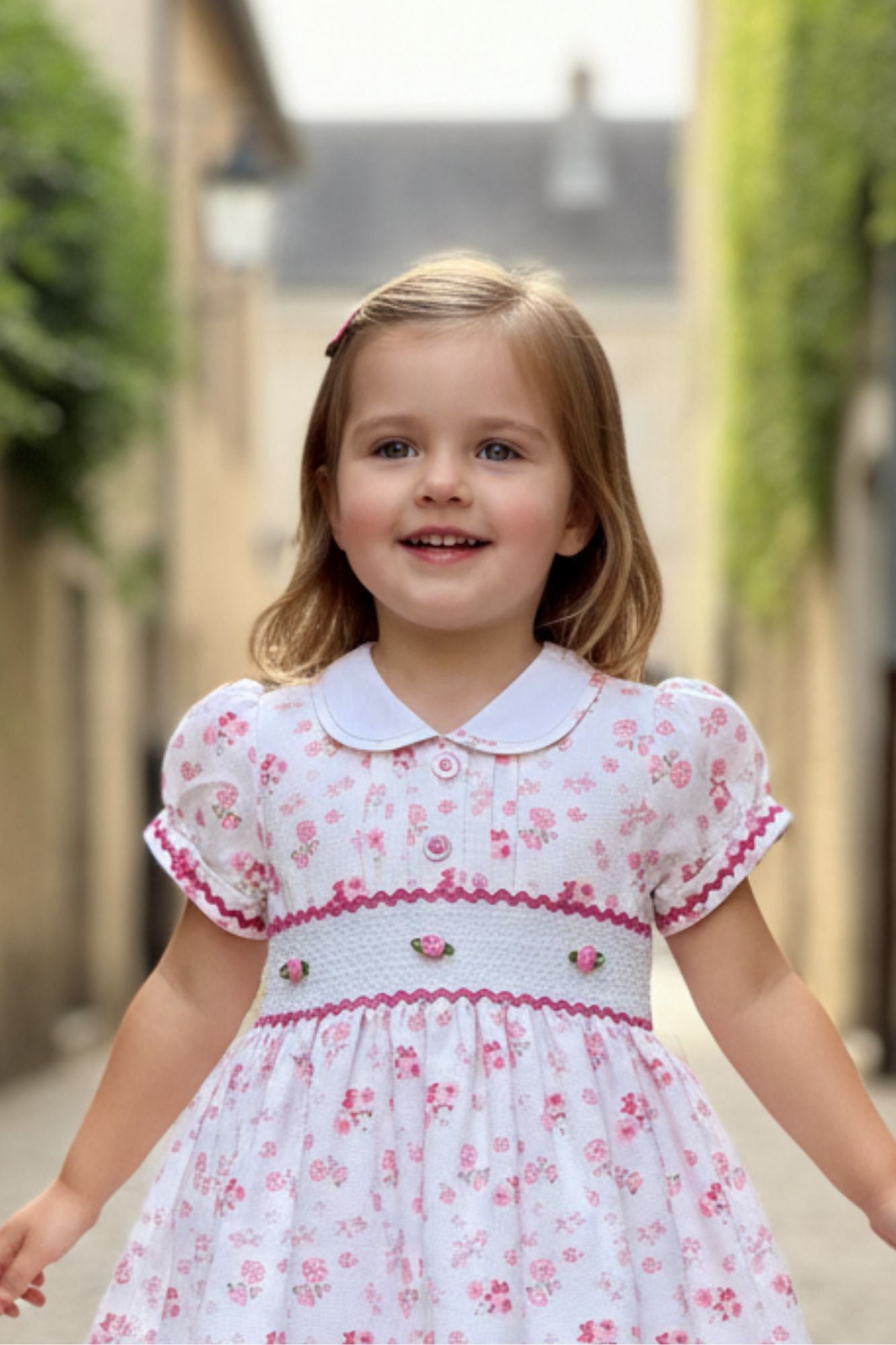 White & Pink Floral Smocked Dress with Peter Pan Collar For Girls