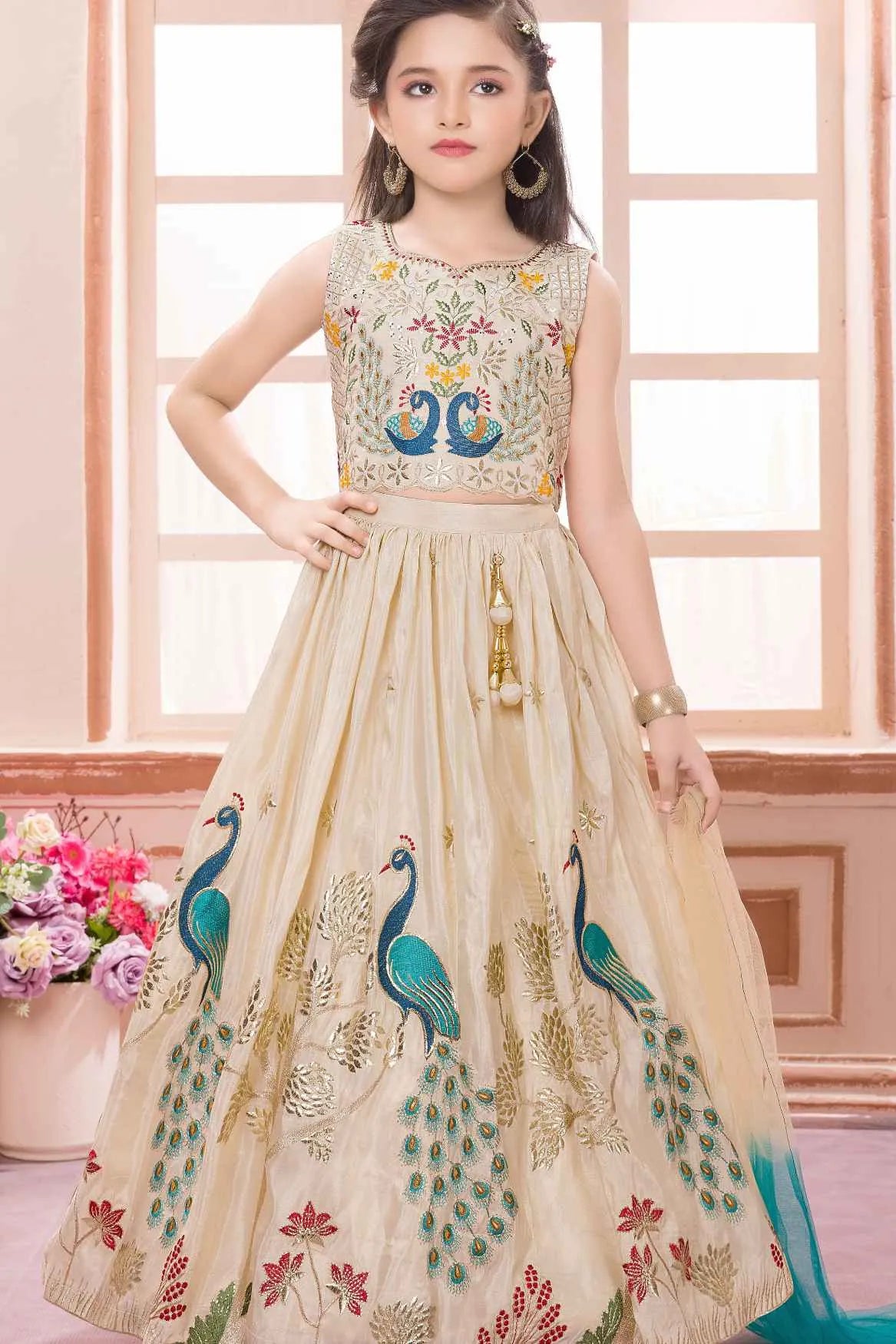 Cream Lehenga Choli Set With Peacock Embroidery And Dupatta For Girls
