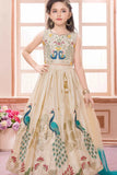 Cream Lehenga Choli Set With Peacock Embroidery And Dupatta For Girls