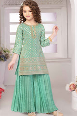 Sea Green Banarasi And Sequined Sharara Set For Girls